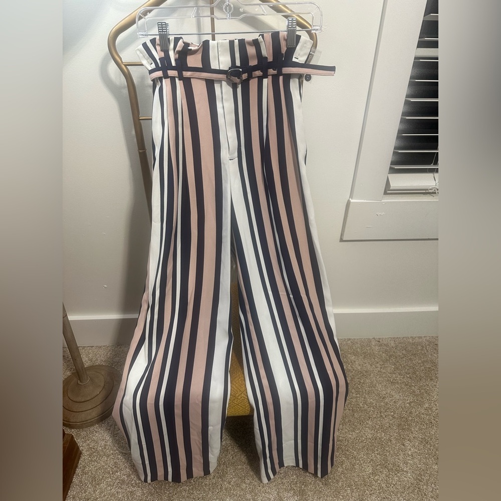 Express High Rise Wide Leg Pants Striped Navy Pink Paperbag Waist Size 4R